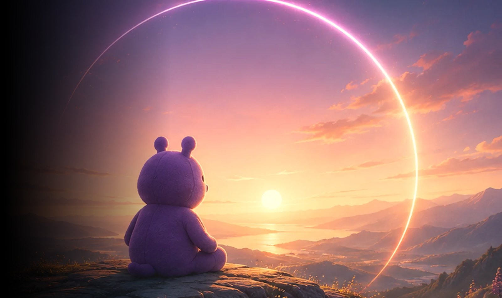 The Beam mascot sitting on a hilltop at sunset
