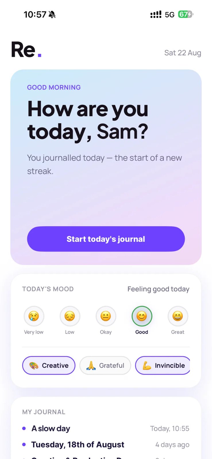 The Re. recovery journal app home screen